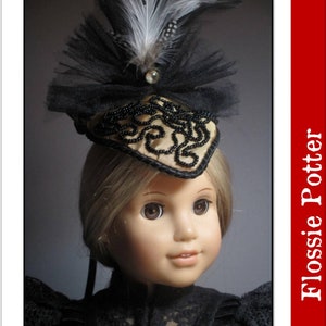 May include: A PDF sewing pattern for a late 1800s hat designed to fit 18-inch dolls. The hat is made of black fabric with a beige trim and a black feather. The pattern is labeled "Late 1800s Hat" and "Intermediate Level".