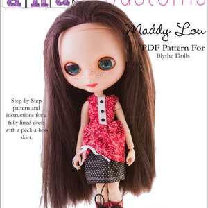 May include: A digital PDF pattern for a fully lined dress with a peek-a-boo skirt for Blythe dolls. The pattern is easy to follow and includes step-by-step instructions. The dress is red with white polka dots and the skirt is black with white polka dots. The doll is wearing red boots with black laces. The pattern is available for download, print, and sew. ©2015 aha customs
