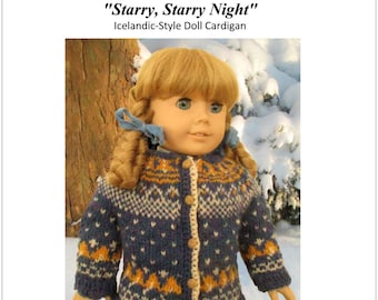 Starry Starry Night Cardigan 18 inch Doll Clothes Knitting Pattern Fits Popular 18" Dolls - Flossie Potter - PDF - Pixie Faire