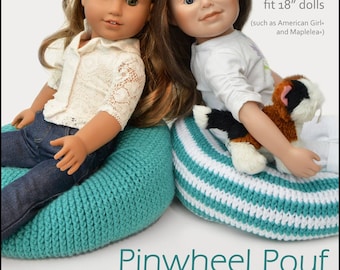 May include: Two 18-inch dolls sitting on teal and white striped crochet poufs. The poufs are designed to fit 18-inch dolls, such as American Girl and Maplelea dolls. The crochet pattern is called "Pinwheel Pouf" and is available as a PDF download. The image text reads "knot-sew-cute modern crochet designs for your dolls INTERMEDIA Skill Level PDF Crochet Pattern designed to fit 18" dolls (such as American Girl and Maplelea) Pinwheel Pouf Copyright © 2016 Tara Schreyer of knot-sew-cute design shop"