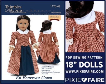 1770 En Fourreau Kleid 18 Zoll Puppenkleidung Schnittmuster für beliebte 18 Zoll Puppen - Fingerhüte und Eicheln - PDF - Pixie Faire