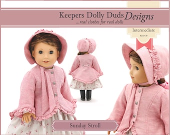 May include: A pink doll outfit with a matching bonnet, designed for intermediate sewing skill level. The outfit is called "Sunday Stroll" and is part of the Keepers Dolly Duds Designs line.