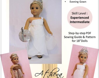 May include: A digital download pattern for making a doll dress. The pattern is called "Athena" and includes instructions for making a peplos and an evening gown. The pattern is for 18-inch dolls and is for an intermediate skill level.