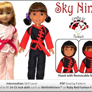 Op de afbeelding: PDF-naaipatroon voor een Sky Ninja-kostuum voor poppen van 35-38 cm. Het patroon bevat een rood-zwarte outfit met capuchon en een afneembaar masker. Het patroon is ontworpen door Crafty lil Turkey.