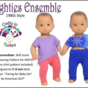 May include: PDF sewing pattern for 8-inch dolls, featuring two dolls wearing 1980s-style outfits. One doll wears a purple shirt and pink leggings, while the other wears a blue snowflake-patterned shirt and blue leggings. The pattern is designed for knit fabrics and includes a woven shirt pattern.