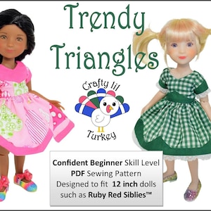 Könnte beinhalten: Ein PDF-Schnittmuster für ein Puppenkleid mit einem dreieckigen Design. Das Schnittmuster ist für 30 cm große Puppen konzipiert, wie z. B. Ruby Red Siblies. Das Schnittmuster ist mit "Trendy Triangles" und "Crafty lil Turkey" beschriftet.