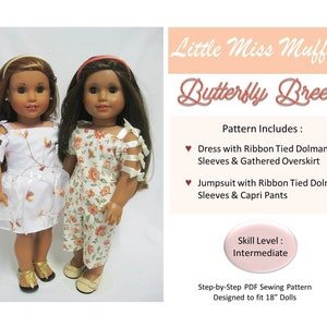 Peut inclure: Deux poupées de 45 cm portant une robe blanche brodée de fleurs et une combinaison à imprimé floral. Les poupées portent les tenues du patron Little Miss Muffett Butterfly Breeze, qui comprend une robe avec des manches bouffantes à nouer avec un ruban et une jupe plissée, et une combinaison avec des manches bouffantes à nouer avec un ruban et un pantalon capri. Le patron est conçu pour les poupées de 45 cm et est de niveau intermédiaire.