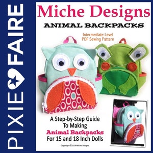 Peut inclure: Patron de couture PDF pour la réalisation de sacs à dos animaux pour poupées de 38 et 46 cm. Le patron comprend des instructions pour la réalisation d'un sac à dos hibou et d'un sac à dos grenouille. Le patron est destiné à un niveau de couture intermédiaire.