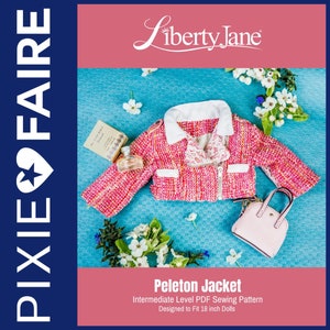 May include: A pink and white tweed jacket with a zipper closure and white collar. The jacket is designed for 18 inch dolls. The text "Peleton Jacket" is printed on the image. The text "Intermediate Level PDF Sewing Pattern" is printed on the image. The text "Designed to Fit 18 inch Dolls" is printed on the image.