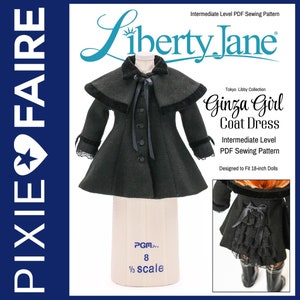 Puede incluir: Un patrón de costura para un vestido de abrigo negro para muñecas de 45 cm. El patrón se llama "Ginza Girl Coat Dress" y es de la colección Tokyo Libby de Liberty Jane. El patrón es para un nivel de costura intermedio.