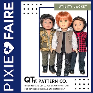 May include: A sewing pattern for a utility jacket for 18-inch dolls. The pattern is for an intermediate sewing level and is suitable for dolls such as American Girl. The image shows three dolls wearing different versions of the jacket.