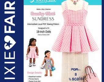 Pode incluir: Um padrão de costura para um vestido de verão de vichy rosa e branco para bonecas de 45,7 cm. O padrão inclui instruções para um decote em coração, costuras princesa, uma saia circular plissada, um corpete totalmente forrado, um detalhe de cintura e uma bainha de renda. O padrão é projetado para se ajustar a bonecas como as bonecas American Girl.