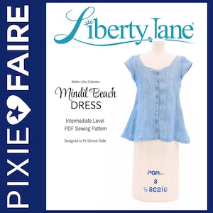 May include: A blue and white PDF sewing pattern for a Mindil Beach Dress designed for 18-inch dolls. The pattern is from the Malibu Libby Collection by Liberty Jane. The pattern is for an intermediate sewing level.
