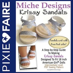 Puede incluir: Un patrón de costura PDF para sandalias Krissy diseñadas para muñecas American Girl de 45,7 cm. El patrón incluye una guía paso a paso y es un proyecto de nivel intermedio. La imagen muestra un par de sandalias de purpurina plateadas.