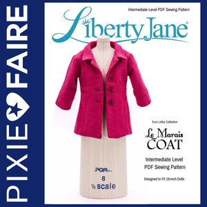 Puede incluir: Un patrón de costura para un abrigo rosa para muñecas de 45 cm. El patrón se llama "Le Marais Coat" y es de la colección Euro Libby de Liberty Jane. El patrón es de nivel intermedio.