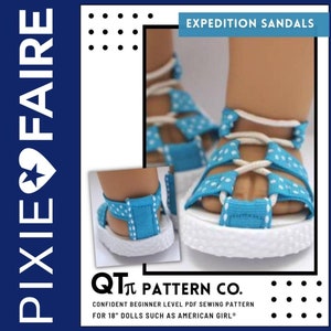 May include: A PDF sewing pattern for making expedition sandals for 18 inch dolls. The pattern is for a beginner level sewer and includes instructions for making the sandals with white and blue polka dot fabric. The pattern is from QT Pattern Co.