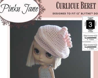 Curlicue Beret 12 inch Doll Clothes Crochet Pattern Fits 12" Blythe™ Dolls - Pinku Jane - PDF - Pixie Faire