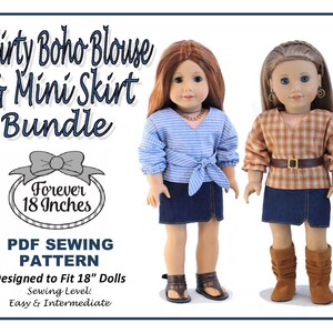 May include: Two dolls dressed in handmade outfits. One doll wears a blue and white striped blouse and denim skirt. The other doll is in a brown plaid blouse and denim skirt. The image includes text: "Flirty Boho Blouse & Mini Skirt Bundle" and "Forever 18 Inches".