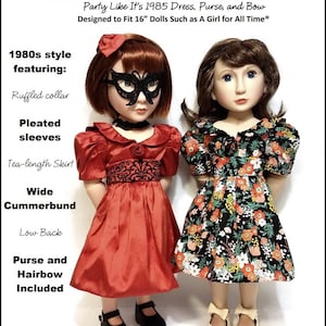 Puede incluir: Un patrón de costura para un vestido de estilo de los años 80 para muñecas de 40,6 cm. El patrón incluye un cuello con volantes, mangas plisadas, un cinturón ancho y una falda hasta la rodilla. El patrón también incluye instrucciones para hacer un bolso y una cinta para el pelo. "Party Like It's 1985 Dress, Purse, and Bow. Designed to Fit 16" Dolls Such as A Girl for All Time®"