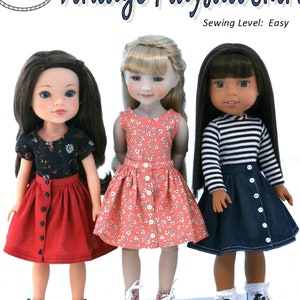 Puede incluir: Un patrón de costura PDF para una falda vintage de mono diseñada para muñecas de 14-14,5 pulgadas. El patrón es fácil de coser e incluye instrucciones para hacer una falda roja, rosa y azul. El patrón es adecuado para muñecas como Hearts For Hearts Girls, Wellie Wishers y muñecas de 15" como Ruby Red Fashion Friends.