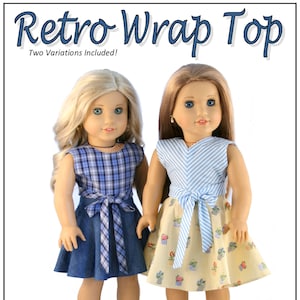 May include: A sewing pattern for a retro wrap top for 18 inch dolls. The pattern includes two variations and is designed for intermediate sewers. The pattern is a step-by-step PDF and is designed to fit 18 inch dolls such as American Girl.