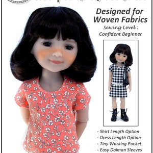May include: A sewing pattern for a tee shirt designed for 15 inch dolls. The pattern includes instructions for a shirt length option, a dress length option, a tiny working pocket, and easy dolman sleeves. The pattern is designed for woven fabrics and is suitable for confident beginners. The image shows a doll wearing a pink and white floral tee shirt.