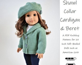 Shawl Collar Cardigan and Beret 18 inch Doll Clothes Knitting Pattern Fits Popular 18&quot; Dolls - Little Woolens - PDF - Pixie Faire
