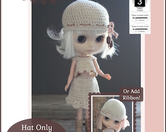 Cloche w Beaded Tie 12 inch Doll Clothes Crochet Pattern Fits 12" Blythe™ Dolls - Pinku Jane - PDF - Pixie Faire