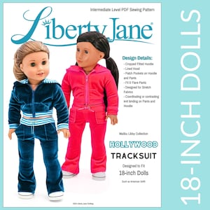 Puede incluir: Un patrón de costura para muñecas de 18 pulgadas, con una sudadera con capucha recortada y pantalones acampanados. El diseño se llama "Hollywood Tracksuit" y está diseñado para muñecas como American Girl. El patrón incluye detalles de diseño.