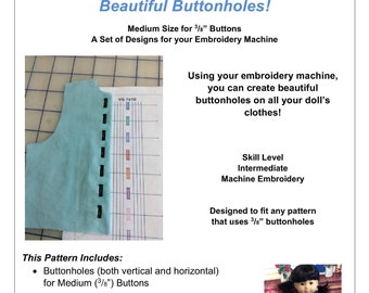 Beautiful Buttonholes! Medium Buttons Machine Embroidery Design - Sized for use with dolls - Innovations in Dollwear - Pixie Faire