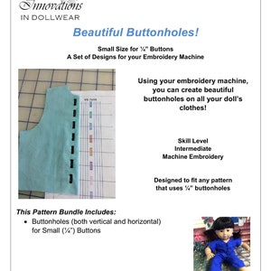 Beautiful Buttonholes! Small Buttons Machine Embroidery Design - Sized for use with dolls - Innovations in Dollwear - Pixie Faire