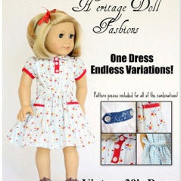 Vintage 30s Dress 18 inch Doll Clothes Pattern Fits Dolls such as American Girl® - Heritage Doll Fashions - PDF - Pixie Faire