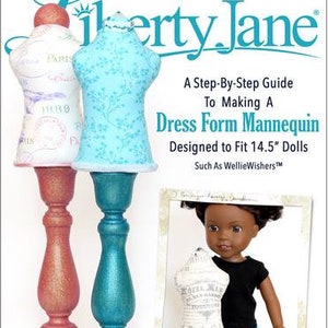 May include: A PDF sewing pattern for a dress form mannequin designed to fit 14.5 inch dolls. The pattern includes instructions for making a turquoise and a pink mannequin. The image shows two finished mannequins on stands.