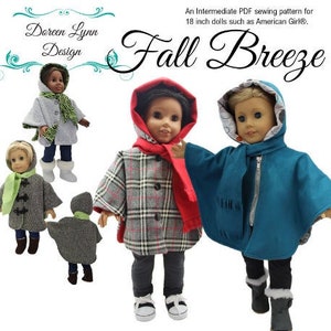 Puede incluir: Un patrón de costura PDF para hacer atuendos de otoño para muñecas de 45 cm. El patrón se llama "Fall Breeze" y está diseñado por Doreen Lynn Design. La imagen muestra tres muñecas con diferentes atuendos hechos con el patrón.