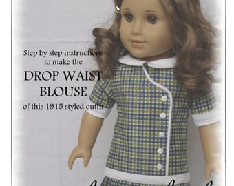 May include: A doll wearing a green, blue, and white plaid drop waist blouse and skirt. The image includes text that reads "FASHIONED by rebecca" and "sweetheart plaid SEWING PATTERN FOR 18" DOLLS". The blouse has white trim and buttons.