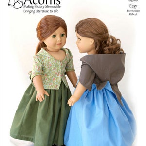 May include: A sewing pattern for 18-inch dolls to make an 18th-century hoodie. The pattern is easy to follow and includes instructions for making a hooded jacket with a gathered skirt.