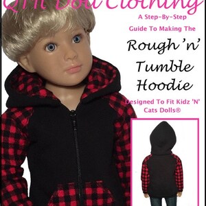 May include: A sewing pattern for a black and red checked hoodie for a doll. The pattern is designed to fit Kidz 'N' Cats Dolls. The pattern includes instructions for making the hoodie, as well as a photo of the finished product.