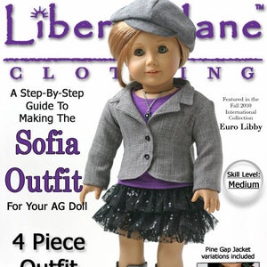 May include: A four-piece doll outfit bundle for an 18-inch doll, featuring a gray jacket, black skirt, purple shirt, and a black and white hat. The outfit is shown on a doll with blonde hair and blue eyes. The text "Sofia Outfit" is featured in the image.