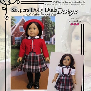 Puede incluir: Patrón de costura PDF para muñecas de 46 cm, titulado "Keepers Dolly Duds Designs...real clothes for real dolls." El patrón es para un atuendo de estación de tren, con una chaqueta roja, una falda a cuadros y medias negras. El nivel de habilidad se indica como "Intermedio".