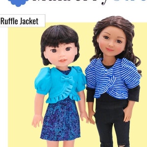 May include: A PDF sewing pattern for a ruffle jacket for 14-15 inch dolls. The pattern is designed for dolls such as WellieWishers™ and Ruby Red Fashion Friends™. The pattern is easy to follow and includes instructions for making a blue and white striped ruffle jacket.