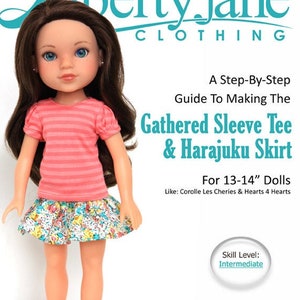 May include: A PDF sewing pattern for a gathered sleeve tee and harajuku skirt for 13-14 inch dolls. The pattern is for an intermediate skill level. The image shows a doll wearing the finished garments.