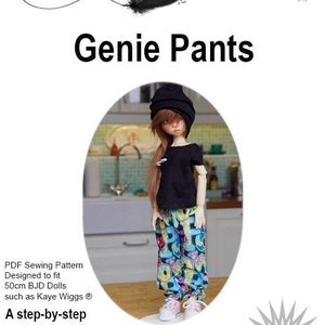 May include: A PDF sewing pattern for making genie pants for 50cm BJD dolls, such as Kaye Wiggs dolls. The pattern includes a step-by-step guide and is for an intermediate skill level.