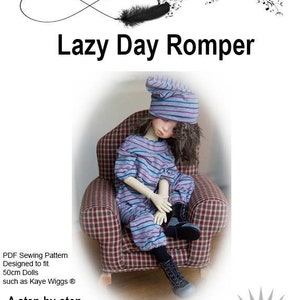 May include: A PDF sewing pattern for a Lazy Day Romper designed to fit 50cm dolls, such as Kaye Wiggs. The pattern includes a step-by-step guide to making the romper. The image shows a doll wearing the romper, sitting in a chair. The skill level for this pattern is intermediate.