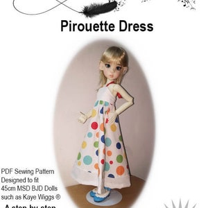 May include: A PDF sewing pattern for a colorful polka dot dress designed to fit 45cm MSD BJD dolls. The pattern includes a step-by-step guide to making the dress. Skill level: Beginner.