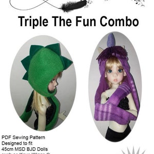 May include: A PDF sewing pattern for making three hooded doll outfits. The pattern is designed to fit 45cm MSD BJD dolls. The outfits include a green dinosaur hooded scarf, a purple unicorn hooded scarf, and a purple unicorn hooded scarf with matching arm warmers. The pattern includes a step-by-step guide to making the outfits. The skill level is listed as confident beginner.