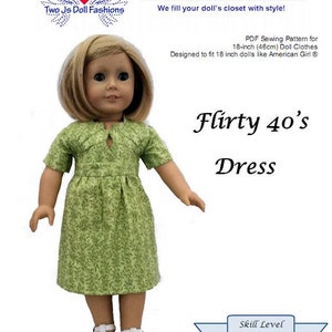 Flirty 40s Dress 18 inch Doll Clothes Pattern Designed to Fit Popular 18" Dolls - Two Js Doll Fashions - PDF - Pixie Faire
