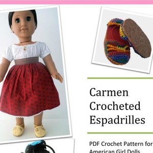 May include: Crocheted espadrille pattern for 18-inch dolls. The pattern is for an intermediate skill level. The image shows a doll wearing the finished espadrilles and a close-up of the espadrilles.