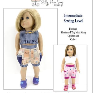 May include: A PDF sewing pattern for making bloomer shorts and a ruffled crop top for 18-inch dolls, such as American Girl dolls. The pattern includes instructions for making the shorts and top in various colours and styles. The pattern is labelled "Intermediate Sewing Level".