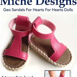 May include: A PDF sewing pattern for making pink sandals for 13-14 inch dolls. The pattern is for an intermediate sewing level. The sandals have a rope trim and are shown on a doll's feet.