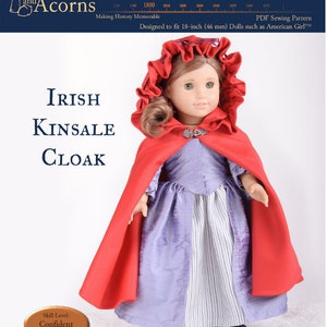May include: A PDF sewing pattern for an 18-inch doll cloak, titled "Irish Kinsale Cloak". The pattern is designed for dolls such as American Girl dolls. The image shows a doll wearing a red hooded cloak over a lavender dress.